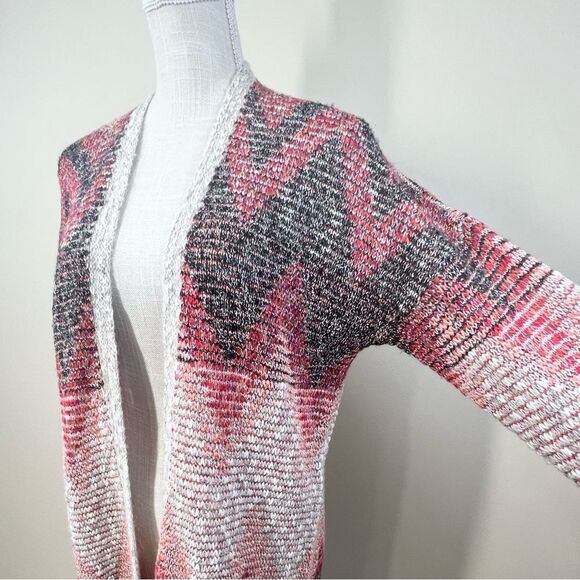 Lucky Brand Chevron Knit Southwestern Knit Fringe Duster Open Front Sweater L - Picture 3 of 13